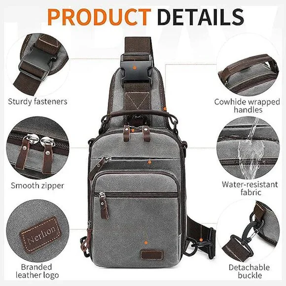 Sling Bag for Men Waxed Canvas Crossbody Bag Chest Bag Water Light Gray